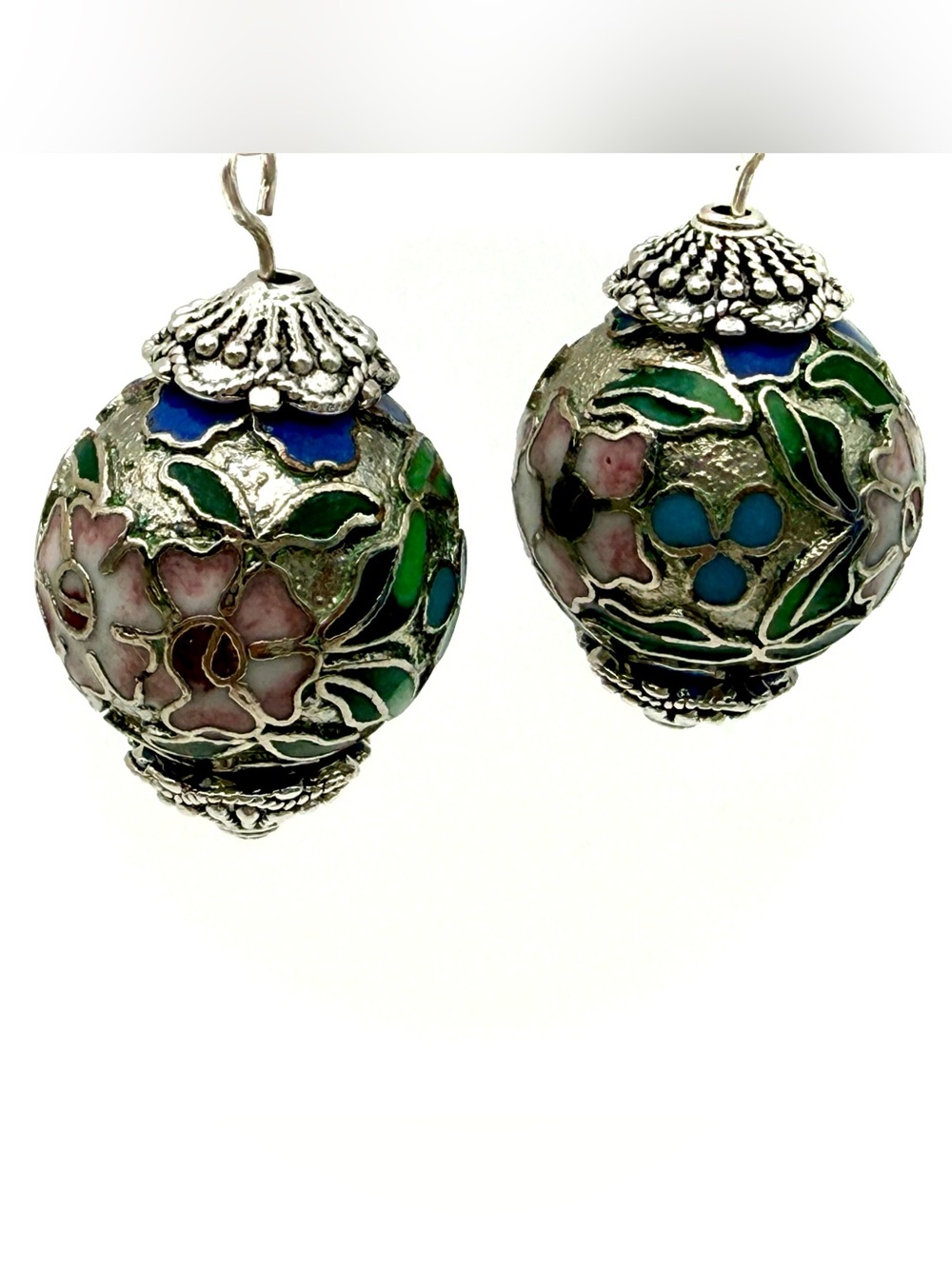 Rare-Silver Tone Cloisonné Floral Drop Earrings - Silver with Pink, Blue & Green - Picture 2 of 4